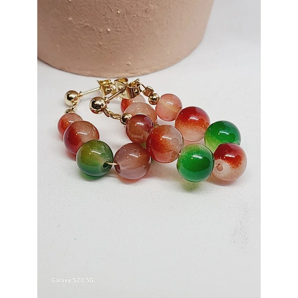 Red‎ and Green Agate Bead Gold Tone Hoop Post Earrings Bohemian Gemstone Jewelry